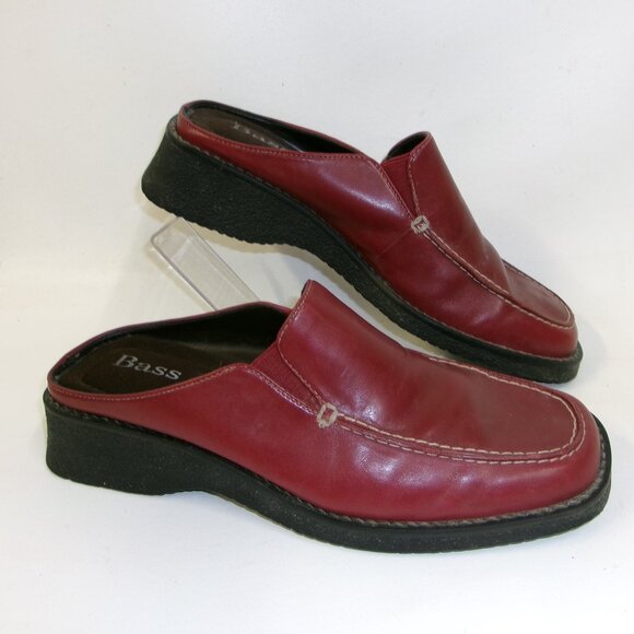 Bass Tiona Red Leather Slip On Square‎ Toe Wedge Mules Women's 10 - Picture 1 of 5